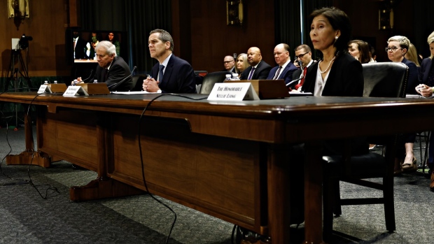 Nellie Liang, under secretary for domestic finance at the US Treasury, from right, Michael Barr, vice chair for supervision at the US Federal Reserve, and Martin Gruenberg, chairman of theFederal Deposit Insurance Corp., during a Senate Banking, Housing, and Urban Affairs Committee hearing in Washington, DC, US, on Tuesday, March 28, 2023. Congressional committees are poised to start probing the collapse of Silicon Valley Bank and Signature Bank, offering a stage for what's likely to be a partisan clash over the role of financial regulations in the second largest bank failure in US history.