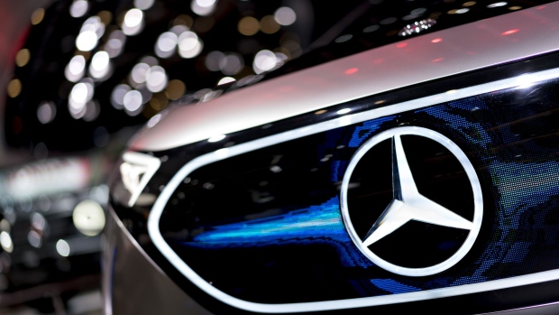 The Daimler AG Mercedes-Benz logo is seen on the grille of the Concept EQA electric vehicle during the 2018 North American International Auto Show (NAIAS) in Detroit, Michigan, U.S., on Tuesday, Jan. 16, 2018. After auto executives spent years trying to convince the world they can beat Silicon Valley to electric cars and autonomous driving, they are finally getting a chance to crow once again about what they do best: trucks. Each of the hometown brands will pull the cover off of a new flatbed, while at least three of the luxury brands roll out new SUVs. Photographer: Andrew Harrer/Bloomberg