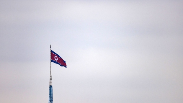 A North Korean flag flies above North Korea's Gijungdong village, from the truce village of Panmunjom in the Demilitarized Zone (DMZ) in Paju, South Korea, on Friday, March 3, 2023. The US and South Korea plan to hold large-scale military drills in a move set anger Pyongyang, which has promised an unprecedented response to the exercises and threatened to turn the Pacific Ocean into its "firing range."