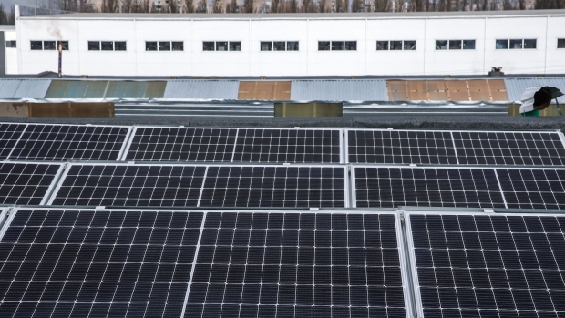 A rooftop array of photovoltaic panels, operated by Atmosfera, used to generate electricity for local businesses in Kyiv, Ukraine, on Friday, March 10, 2023. According to a United Nations report, Ukraine had made significant gains in solar and wind power between 2017 and 2021 and their renewable production has the potential to enable energy independence.