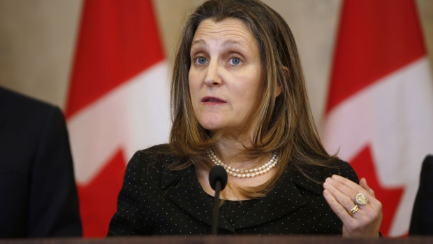 Chrystia Freeland, Canada's deputy prime minister and finance minister, speaks during a news conference in Ottawa, Ontario, Canada, on Friday, Feb. 17, 2023. Prime Minister Trudeau met the legal threshold when he invoked emergency powers last year to clear a protest that had paralyzed the downtown of Canada's capital city for weeks, a public inquiry has found.