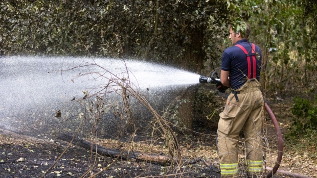 A firefighter sprays water to dampen the ground on Britain’s Dartford Heath in July 2022 following a major fire during a heat wave. 