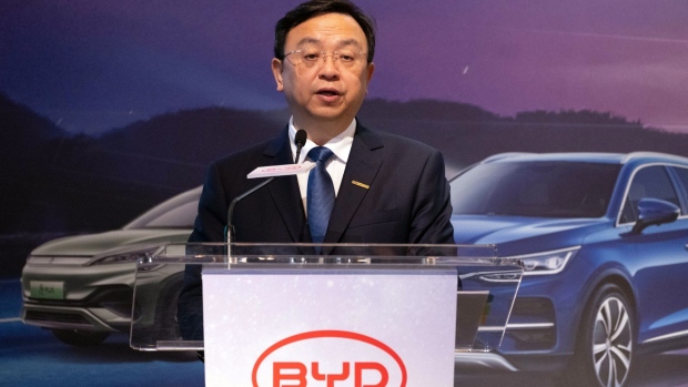 Wang Chuanfu, chairman and chief executive officer of BYD Co., speaks during a news conference in Hong Kong, China, on Wednesday, March 29, 2023. BYD's profit more than quintupled last year after the Chinese automaker sold a record number of electric vehicles and stepped up its battle with Tesla Inc. for market share.