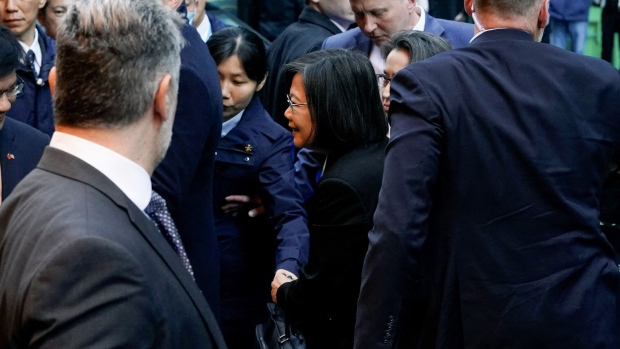 Taiwan President Tsai Ing-Wen arrives to a hotel in New York, on March 29. Photographer: Timothy A. Clary/AFP/Getty Images