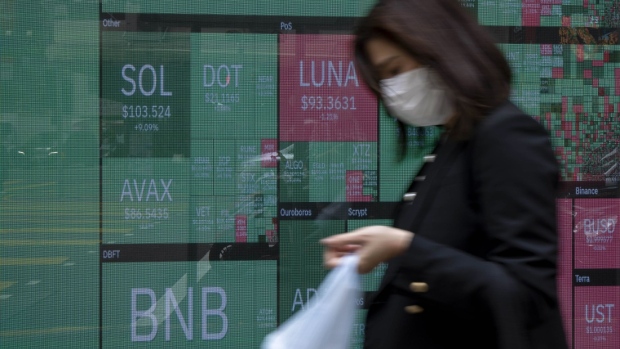 A digital screen displays the prices of cryptocurrencies to U.S. dollar in Hong Kong. Photographer: Paul Yeung/Bloomberg
