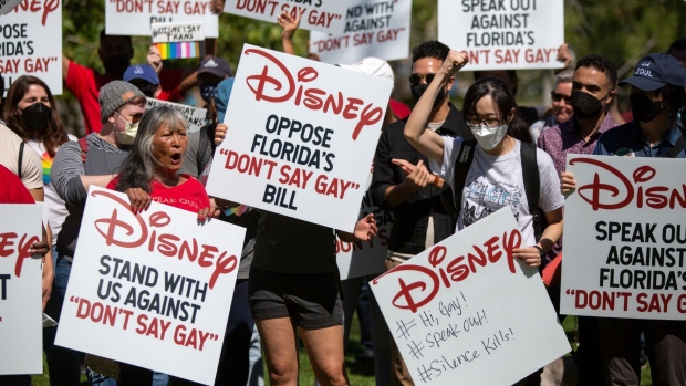 Walt Disney employees and demonstrators during a rally at Griffith Park in Glendale. Photographer: Alisha Jucevic/Bloomberg