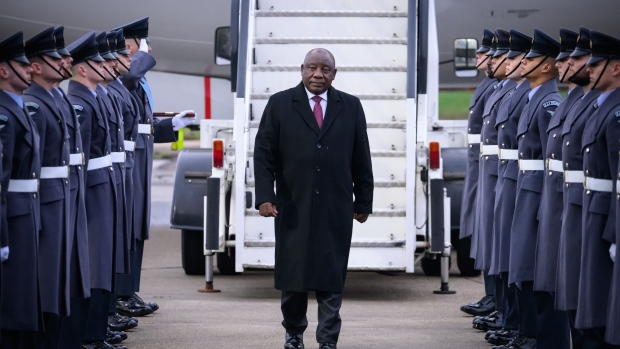 STANSTED, UNITED KINGDOM - NOVEMBER 21: South African President Cyril Ramaphosa arrives at Stansted Airport on November 21, 2022 in Stansted, England. The South African president is the guest of honour at the UK's first state visit in over three years. (Photo by Leon Neal/Getty Images)