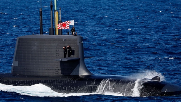 YOKOSUKA, JAPAN - NOVEMBER 06: The Japan Maritime Self-Defence Force Uzushio-class submarine participates in an International Fleet Review commemorating the 70th anniversary of the founding of the Japan Maritime Self-Defence Force at Sagami Bay on November 6, 2022 off Yokosuka, Japan. The Japan Maritime Self-Defence Force (JMSDF) is commemorating the 70th anniversary of their founding today. (Photo by Issei Kato - Pool/Getty Images) Photographer: Pool/Getty Images AsiaPac