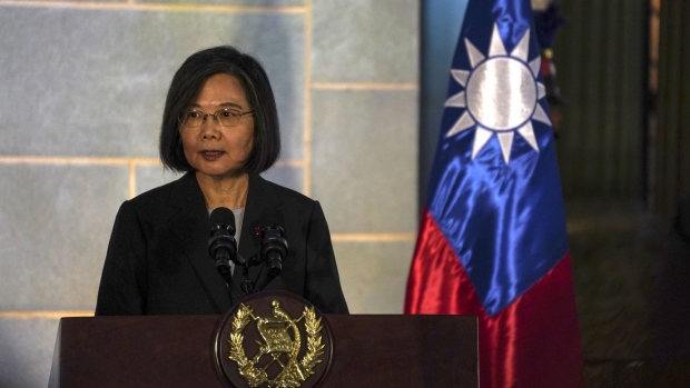 Tsai Ing-wen, Taiwan's president speaks during a joint news conference with Alejandro Giammattei, Guatemala's president, not pictured, at the National Palace in Guatemala City, Guatemala, on Friday March 31, 2023. Tsai will tour Guatemala and then Belize, two of the few remaining countries that recognize Taiwan's sovereignty.