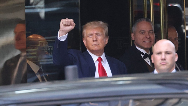Former US President Donald Trump exits from Trump Tower in New York, US, on Tuesday, April 4, 2023. Trump, the first former US president to be indicted, will plead not guilty when he appears in a Manhattan state court Tuesday to face criminal charges, his defense lawyer said. Photographer: Victor J. Blue/Bloomberg
