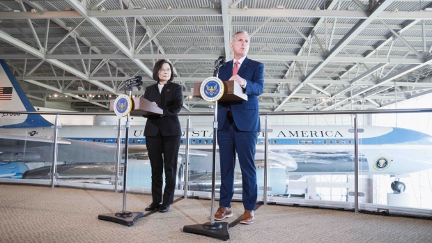 US House Speaker Kevin McCarthy speaks during an event with Tsai Ing-wen, Taiwan’s president, at the Ronald Reagan Presidential Library in Simi Valley, California, on April 5.
