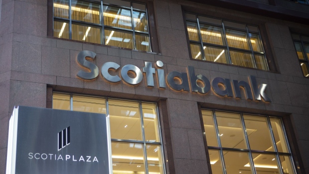 The Bank of Nova Scotia (Scotiabank) headquarters in Toronto, Ontario, Canada, on Wednesday, March 8, 2023. Rising rates are expanding Canadian banks' net interest margin, but a flatter and inverted yield curve limits upside, and a peak may come in 2023. Photographer: Della Rollins/Bloomberg