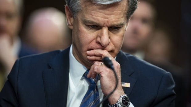 Christopher Wray, director of the Federal Bureau of Investigation, during a Senate Intelligence Committee hearing in Washington, DC, US, on Wednesday, March 8, 2023.