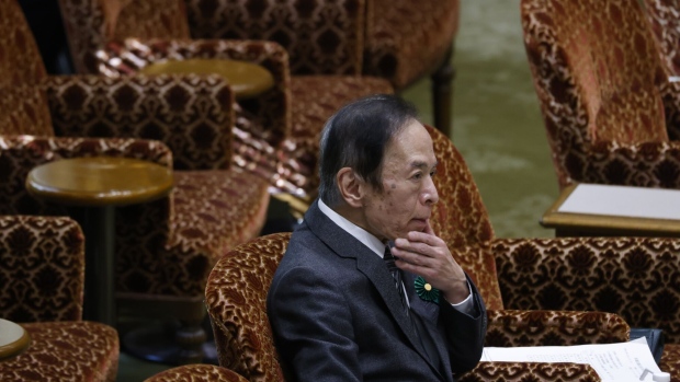 Kazuo Ueda, nominee for governor of the Bank of Japan (BOJ), attends a confirmation hearing at the upper house of parliament in Tokyo, Japan, on Monday, Feb. 27, 2023. At the second parliamentary hearing in the confirmation process, Ueda said the benefits of the BOJ’s stimulus outweighs its side effects, again reinforcing the view that he isn’t seeking a quick move away from a decade of massive easing.