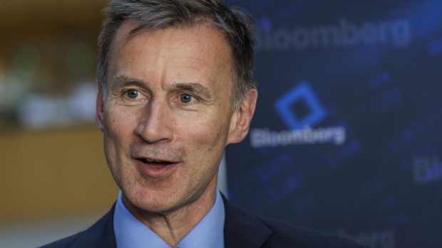 Jeremy Hunt, UK chancellor of the exchequer, during a Bloomberg Television interview at the spring meetings of the International Monetary Fund (IMF) and World Bank Group in Washington, DC, US, on Wednesday, April 12, 2023. The IMF trimmed its global-growth projections, warning of high uncertainty and risks as financial-sector stress adds to pressures emanating from tighter monetary policy.