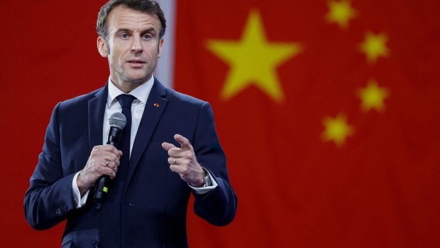 Emmanuel Macron speaks at the Sun Yat-sen University in Guangzhou, China, on April 7, 2023. Photographer: Ludovic Marin/AFP/Getty Images