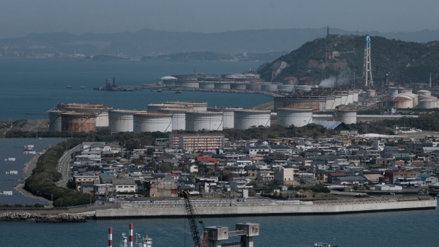 An Eneos Holdings Inc. oil refinery, above, in Arida, Wakayama Prefecture, Japan, on Wednesday, March 30, 2022. Japan’s biggest refiner Eneos will terminate operations at the 127,500 barrel-a-day plant in Arida in October 2023 due to falling domestic demand and the shift away from fossil fuels. Photographer: Sochiro Koriyama/Bloomberg