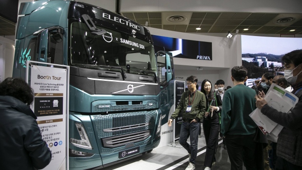 A Volvo electric truck at the InterBattery exhibition in Seoul on March 16.