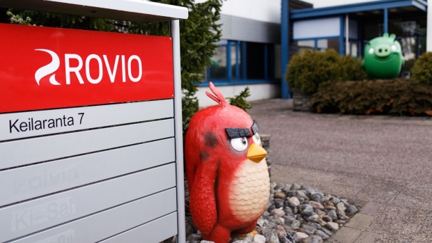 A model of Angry Birds character 'Red' sits on display at the entrance to the Rovio Entertainment Oy headquarters in Espoo, Finland, on Thursday, Feb. 28, 2019. Rovio is in talks with “several” investors to take a stake in its subsidiary Hatch -- a “Netflix for games” platform that Sprint Corp. will use to showcase what its high-speed 5G handsets can do when it opens its new network in May.