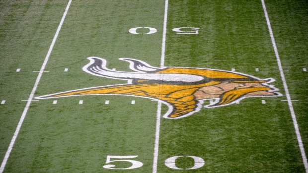 MINNEAPOLIS, MN - DECEMBER 18: A general view of the Minnesota Vikings' logo on the 50 yard line during the game between the Minnesota Vikings and the New Orleans Saints on December 18, 2011 at Mall of America Field at the Hubert H. Humphrey Metrodome in Minneapolis, Minnesota. (Photo by Hannah Foslien/Getty Images)