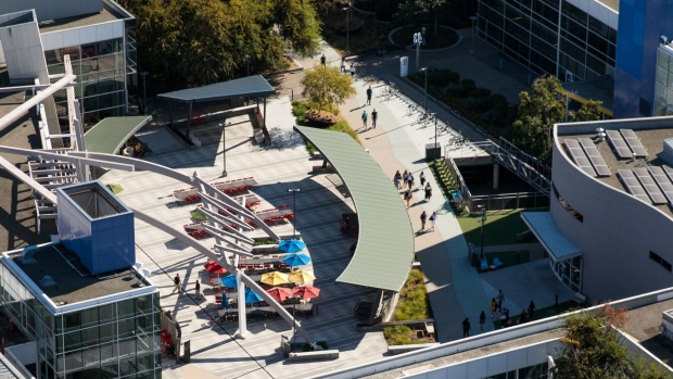 People walk through the Googleplex corporate headquarters building in this aerial photograph taken above Mountain View, California, U.S., on Wednesday, Oct. 23, 2019. Alphabet Inc. is scheduled to release earnings figures on October 28.