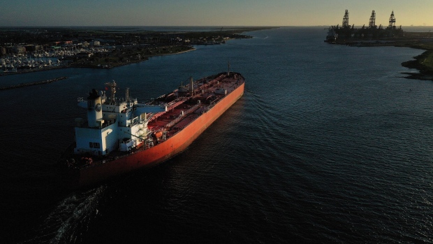 PORT ARANSAS, TEXAS - MAY 25: In this aerial drone view from a drone, a petroleum tanker ship entering the Aransas Channel from the Gulf of Mexico bound for the Port of Corpus Christi on May 25, 2020 in Port Aransas, Texas. The channel and port are currently being expanded to accommodate VLCCs (very large crude carriers) which will allow larger ships, capable of carrying a greater amount and wider variety of goods, to access the port. (Photo by Tom Pennington/Getty Images)