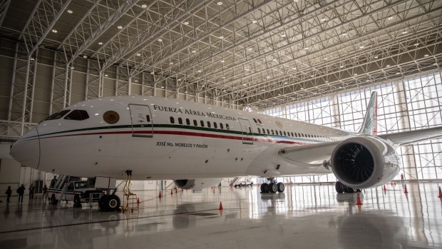 The Mexican Presidential 'Jose Maria Morelos y Pavon,' a Boeing Co. 787-8 Dreamliner aircraft, sits at a hanger in Mexico City, Mexico, on Sunday, Dec. 2, 2018. Mexican President Andres Manuel Lopez Obrador is fulfilling a campaign promise by selling the Boeing 787 Dreamliner that’s transported former President Enrique Pena Nieto since 2016.