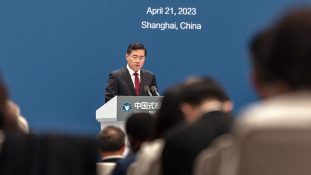 Qin Gang, China's foreign minister, speaks during the Lanting Forum in Shanghai, China, on Friday, April 21, 2023.  Photographer: Qilai Shen/Bloomberg