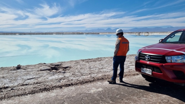 A giant brine evaporation pool in Chile’s Atacama.