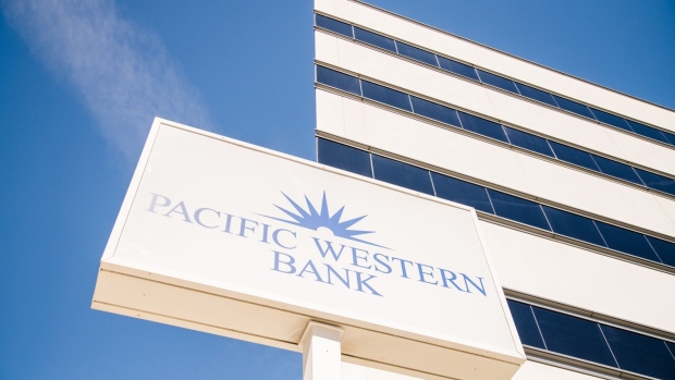 A Pacific Western Bank branch in Encino, California, US, on Saturday, April 22, 2023. PacWest Bancorp is scheduled to release earnings figures on April 25. Photographer: Morgan Lieberman/Bloomberg