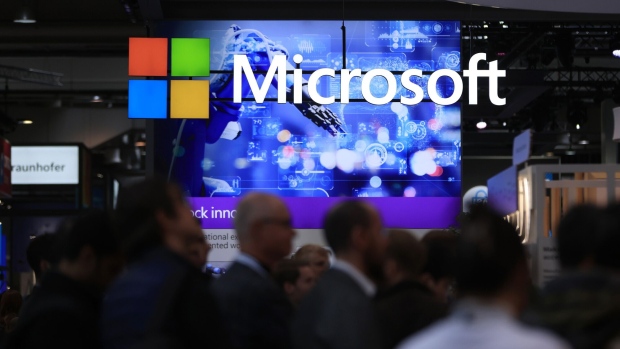 A Microsoft Corp. pavilion at the Hannover Messe industrial technology fair. Photographer: Krisztian Bocsi/Bloomberg