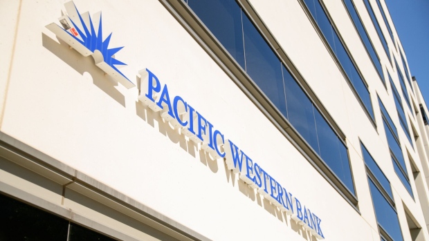 A Pacific Western Bank branch in Encino, California, US, on Saturday, April 22, 2023. PacWest Bancorp is scheduled to release earnings figures on April 25. Photographer: Morgan Lieberman/Bloomberg