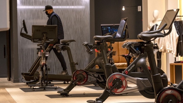 A Peloton store in Walnut Creek, California, U.S., on Monday, Feb. 7, 2022. Peloton Interactive Inc. is scheduled to release earnings figures on February 8.
