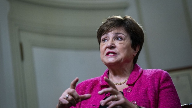 Kristalina Georgieva, managing director of the International Monetary Fund (IMF), during a Bloomberg Television interview in Washington, DC, US, on Thursday, April 6, 2023. The IMF warned that its outlook for global economic growth over the next five years is the weakest in more than three decades, urging nations to avoid economic fragmentation caused by geopolitical tension and take steps to bolster productivity. Photographer: Al Drago/Bloomberg 
    