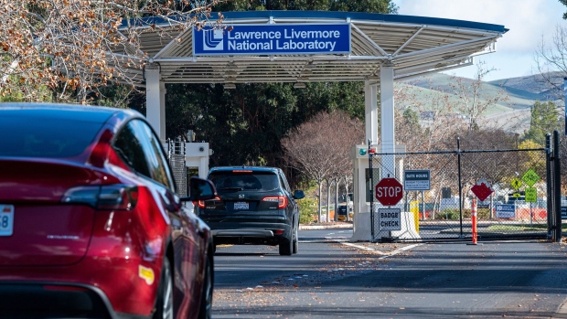Vehicles enterse the west gate entrance to the US Department of Energy’s Lawrence Livermore National Laboratory in Livermore, California, US, on Monday, Dec. 12, 2022. Researchers at the laboratory near San Francisco were able produce a fusion reaction that generated more energy than it consumed, according to a person familiar with the research who requested anonymity to discuss results that have not yet been fully disclosed in public.
