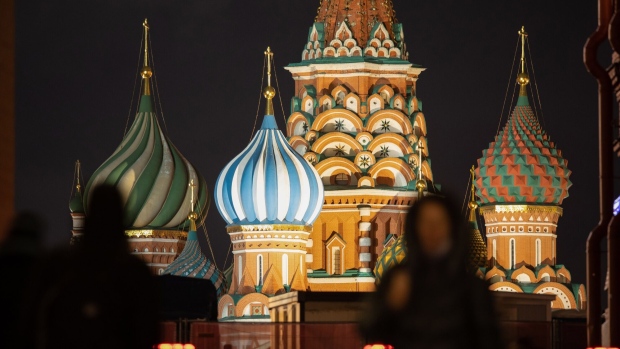 Saint Basil's Cathedral on Red Square at night in Moscow, Russia, on Friday, Nov. 12, 2021.