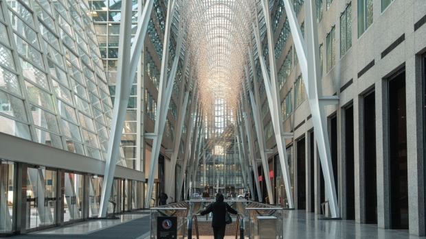 The atrium of the Brookfield Place office complex in the financial district of Toronto, Ontario, Canada, on Monday, Jan. 16, 2023. The vacancy rate at Canadian office buildings reached a record high at the end of last year as companies cut back on space while new supply continued to hit the market.