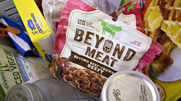 A package of Beyond Meat Inc. beef crumbles is displayed for a photograph in Tiskilwa, Illinois, U.S., on Tuesday, April 23, 2019. Beyond Meat Inc., the maker of vegan chicken and beef substitutes backed by some of the biggest names in food and technology, is seeking to raise as much as $184 million in its initial public offering. Photographer: Daniel Acker/Bloomberg