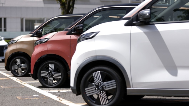 Nissan Motor Co. Sakura electric vehicles during a test driving event in Tokyo, Japan, on Monday, April 17, 2023. Renault SA is set to cut its holding in Nissan to 15% from 43%, while Nissan intends to take a stake of as much as 15% in Renault’s EV business, Ampere.