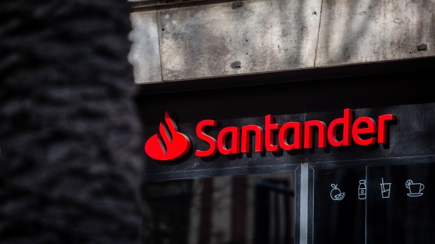 A sign above the entrance to a Banco Santander SA bank branch in Barcelona, Spain, on Monday, Jan. 31, 2022. Santander reports full year earnings on February 2. Photographer: Angel Garcia/Bloomberg