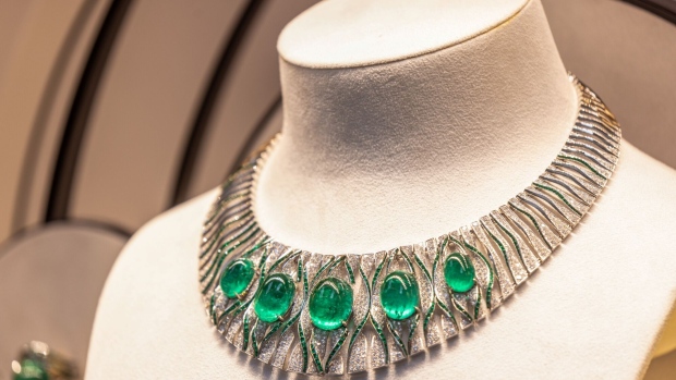 A necklace on display in a Cartier luxury jewelry boutique in central London, UK, on Monday, Nov. 7, 2022. Cartier's parent company, Cie Financiere Richemont SA is scheduled to report six-month results on Friday.