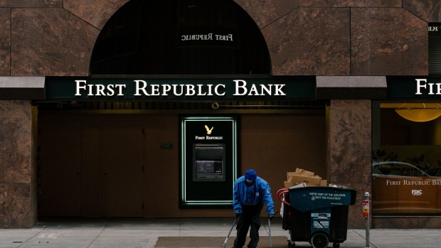 First Republic Bank headquarters in San Francisco, California, US, on Saturday, April 29, 2023. First Republic Bank shares fell as much as 54% in extended New York trading Friday on speculation that it would be seized by regulators, as regional US lenders are pressured by deposit drains and weakening investments.