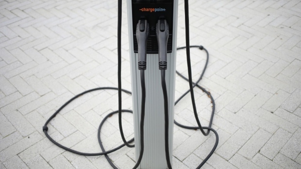 A ChargePoint electric vehicle (EV) charging station at the Mercedes-Benz of Louisville dealership in Louisville, Kentucky, U.S., on Tuesday, Dec. 7, 2021. U.S. car sales inched higher and inventories grew in October, a sign that some of the worst of the shortages hampering auto production might be fading, but auto makers continued to struggle to replenish dealer lots and supply is likely to remain tight through next year, according to MarketWatch.