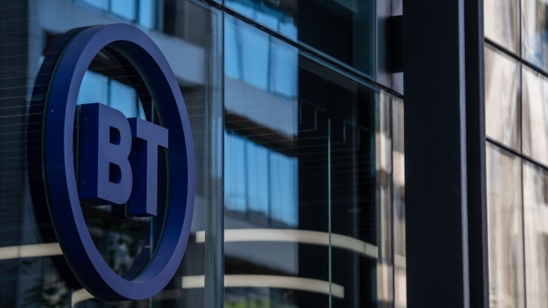 A logo on the BT Group Plc headquarters during a strike by BT Group Plc workers, in London, UK, on Friday, July 29, 2022. Tens of thousands of BT's unionized workers voted in favor of the company's first national walkout in more than three decades after the collapse of pay rise negotiations in April.