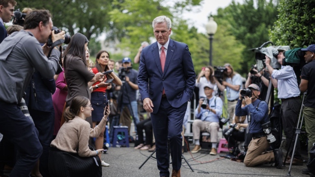 US House Speaker Kevin McCarthy, a Republican from California, leaves after speaking to members of the media after a meeting with President Joe Biden at the White House in Washington, DC, US, on Tuesday, May 16, 2023. Republicans hardened their battle lines ahead of the pivotal White House meeting on averting a first-ever US default, the latest sign of trouble in negotiations over the debt limit.