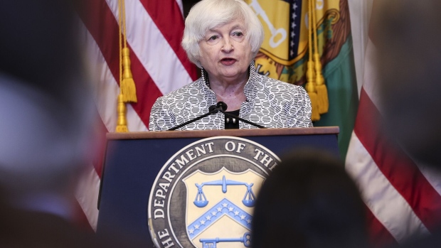 WASHINGTON, DC - JULY 28: Treasury Secretary Janet Yellen delivers remarks during a press conference at the Treasury Department on July 28, 2022 in Washington, DC. Secretary Yellen discussed the state of the U.S. economy highlighting America's economic recovery coming out of the COVID-19 pandemic while discussing the steps policymakers are implementing to curb record high inflation and economic slowdown. (Photo by Win McNamee/Getty Images)