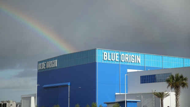 CAPE CANAVERAL, FLORIDA - AUGUST 31: Storm clouds and a rainbow appear over Jeff Bezos Blue Origin Aerospace Manufacturer building as Hurricane Dorian approaches Florida, on August 31, 2019 in Cape Canaveral, Florida. Dorian could be a Category 4 storm as it approaches the state and possibly making landfall as early as Monday somewhere along the east coast. (Photo by Mark Wilson/Getty Images)