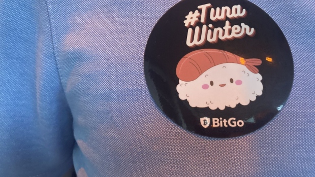 BitGo party-goer with “#TunaWinter” sticker