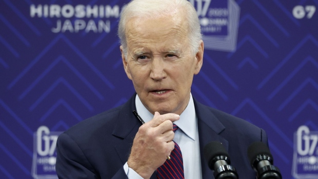 US President Joe Biden speaks during a news conference following the Group of Seven (G-7) leaders summit in Hiroshima, Japan, on Sunday, May 21, 2023. Biden called Republican demands for sharp spending cuts unacceptable and said he’ll talk with House Speaker Kevin McCarthy about debt-ceiling and budget negotiations on his flight back from Japan.