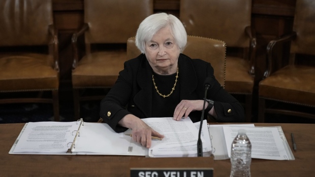 WASHINGTON, DC - MARCH 10: U.S. Treasury Secretary Janet Yellen takes her seat as she arrives for a House Ways and Means Committee hearing on Capitol Hill March 10, 2023 in Washington, DC. The hearing focused on President Joe Biden's fiscal year 2024 budget plan. (Photo by Drew Angerer/Getty Images)